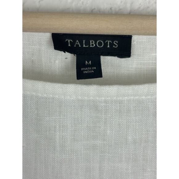 Talbots Linen Women’s Blouse Size Medium White Pom Pom Beachy Breathable Preppy - Picture 7 of 9
